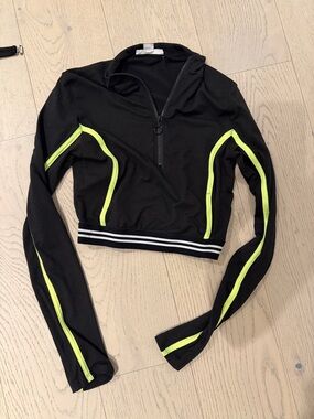 Black Cropped Zip-Up Top with Neon Yellow Trim